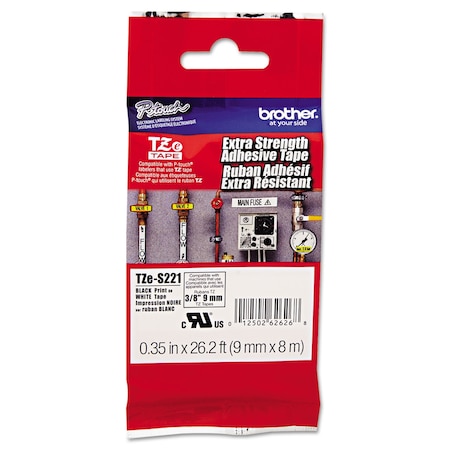 Brother TZe Extra-Strength Adhesive Labeling Tape, 0.35x26.2ft, Black on White TZES221